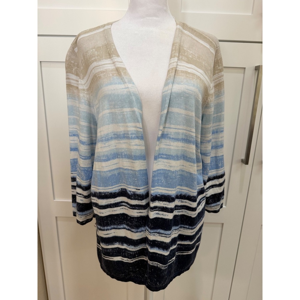 Chicos Blue Striped Open Front Cardigan Sweater Womens 2 Large 3/4 Sleeve Cotton